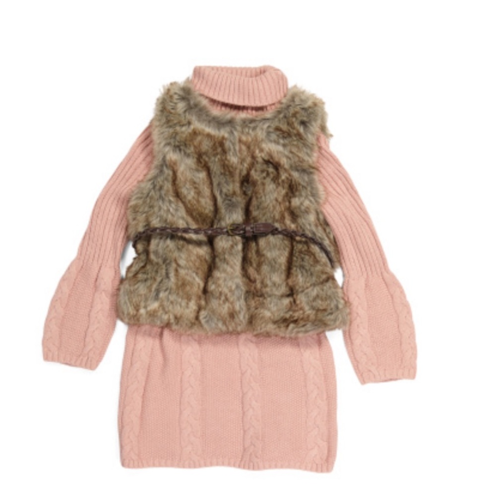 Girls 2pc Faux Fur Vest Cable Sweater Dress Set